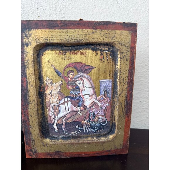 Vtg Saint George Slay the Dragon Horse Religious Art Wooden Wall Hangings Italia - Picture 2 of 10